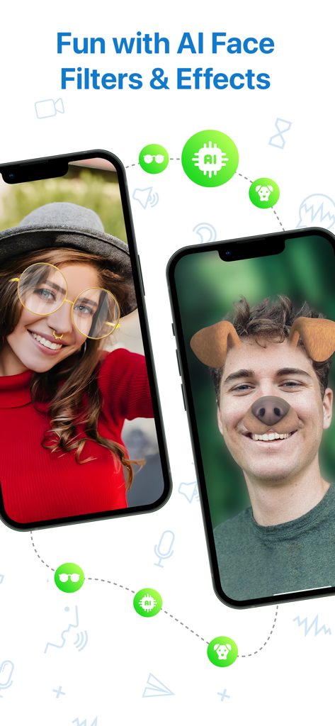 Video Call & Chat LinkLive - Zwei Mobiltelefone demonstrieren KI-Gesichtsfilter und lustige AR-Effekte in der LinkLive-Video-Chat-App