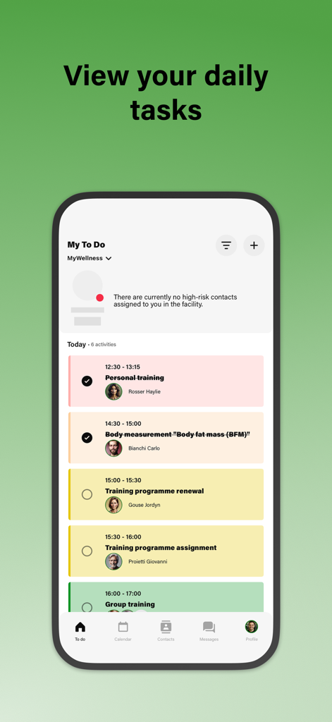 Elenco delle attività quotidiane per i professionisti del fitness nell'app Mywellness per Professionisti.