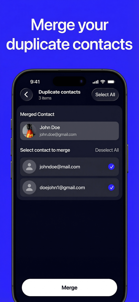Cleano: Smart Cleaning - Cleano app interface for merging duplicate contacts on a smartphone
