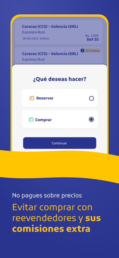 Busi Boletos - Interfaz de la aplicación móvil Busi Boletos que muestra las opciones para reservar o comprar boletos de autobús