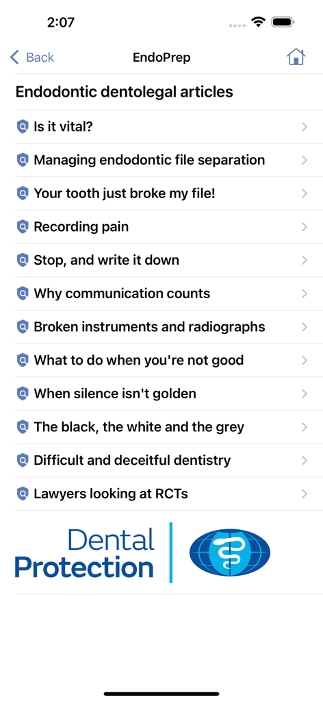 EndoPrep - EndoPrep app screen displaying a list of endodontic dentolegal articles for dental professionals