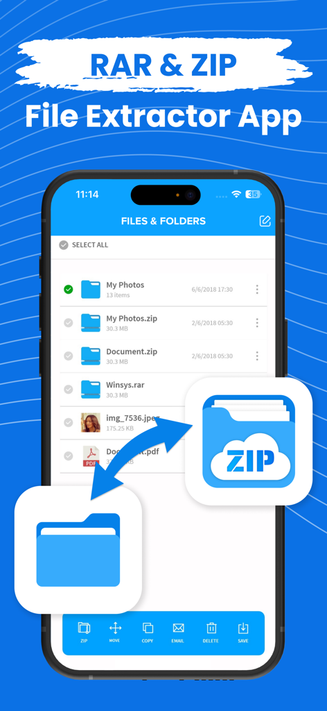 ZIP Extractor － Unzip, Unrar - Pantalla de iPhone que muestra la interfaz del administrador de archivos de una aplicación extractora de ZIP y RAR con varios formatos de archivo y opciones de administración.