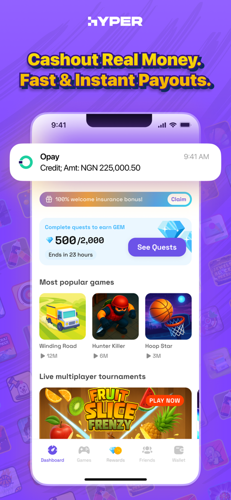 Hyper mobile app dashboard showing cashout notification and popular games
