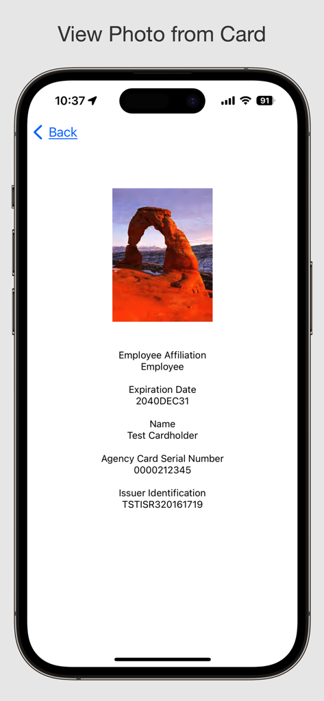 iPhone screen displaying cardholder name and photo from a smart card