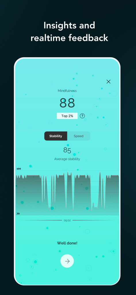 Pause: daily mindfulness - Mindfulness insights screen showing stability score and session graph