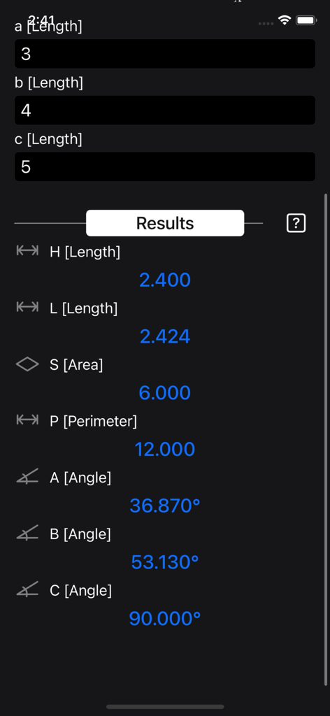 Triangle Calculator Plus - Triangle Calculator Plus interface displaying calculated values for a triangle with side lengths three four and five including area perimeter and angles