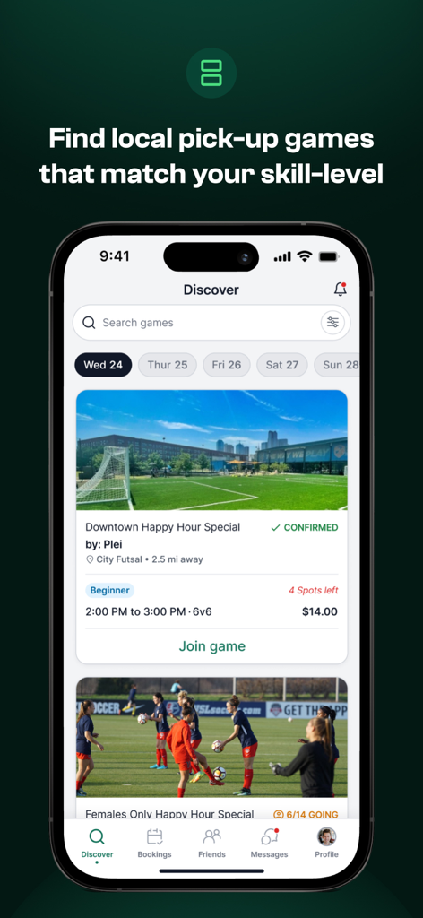 Interface of the Plei app showing a list of local pickup soccer games with skill levels
