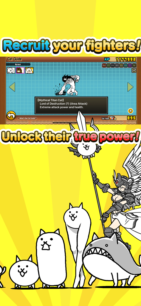 The Battle Cats - Gameplay-Screenshot von The Battle Cats, der Einheiten für Katzenrekrutierung und Charakterentwicklung zeigt