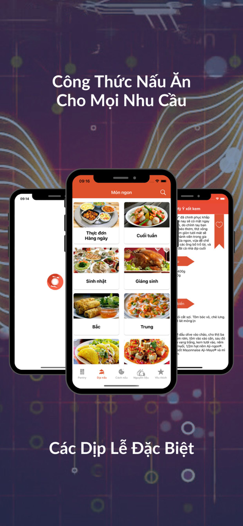 Món Việt - Mon Viet app screenshots showing regional Vietnamese recipes and special occasion menus.