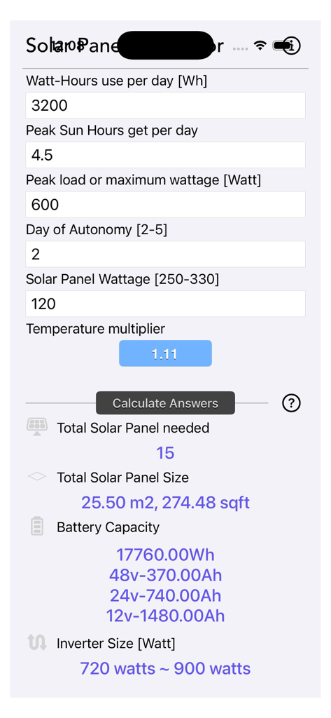 Solar Panel Calculator Plus - Berechnungsergebnisse für netzunabhängige Solarsysteme, die Batteriespeicherkapazität und Anforderungen an Solarmodule anzeigen.