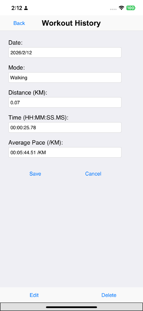 거리, 시간 및 페이스에 대한 걷기 통계를 보여주는 운동 기록 상세 화면