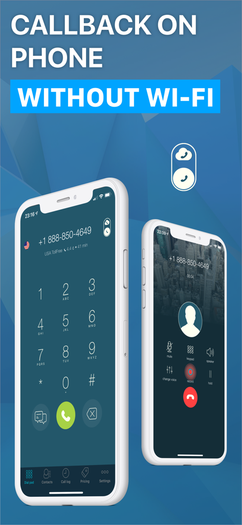 Callbacker app screen showing phone dialer and call interface for calling without wifi