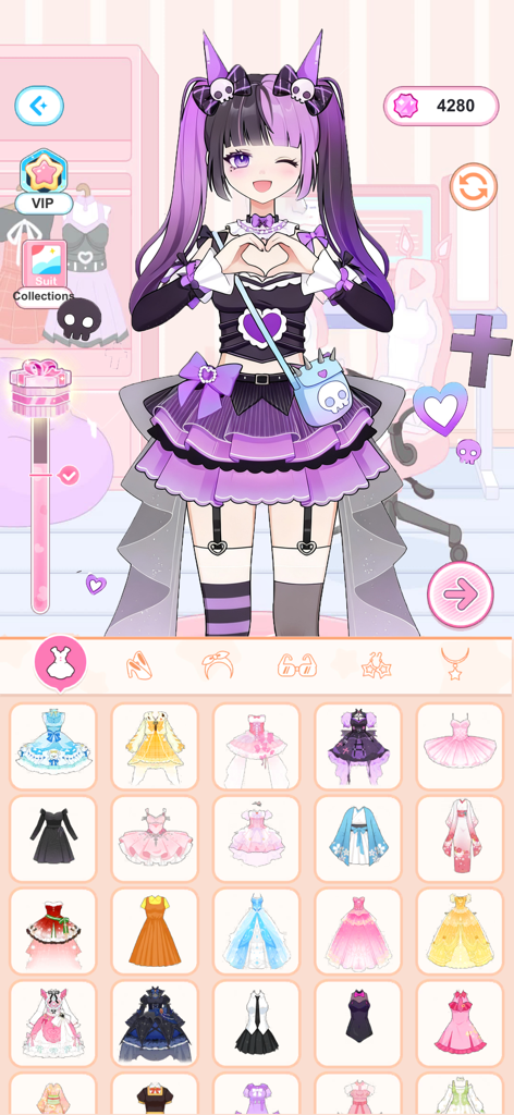 Love Idol: Beauty Dress Up - Personaje ídolo de anime con un atuendo gótico morado con una cuadrícula de opciones de vestidos