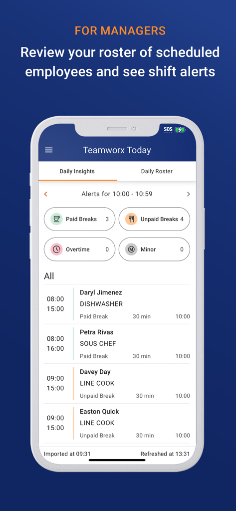Dashboard del manager in Crunchtime Teamworx che mostra l'elenco del personale e gli avvisi sui turni.
