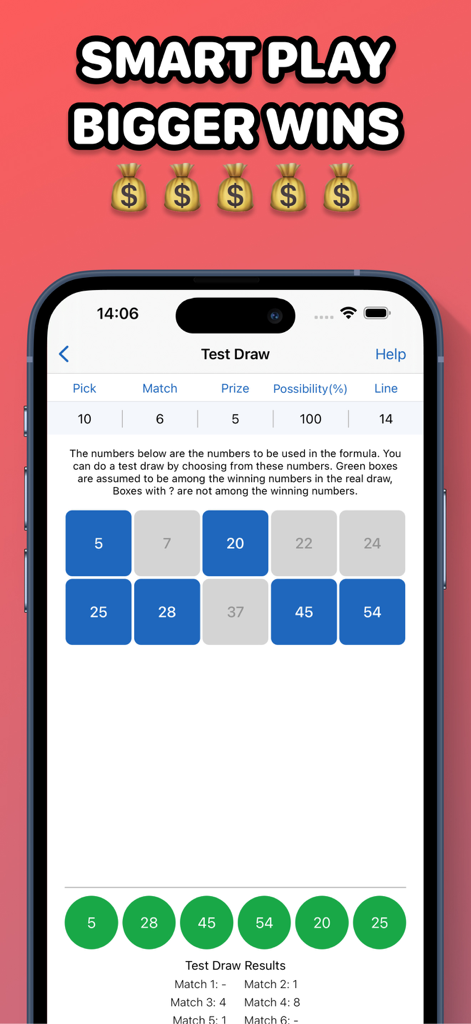 Lotto Lottery Number Generator - Screenshot of the Lotto Lottery Number Generator app displaying a test draw interface with winning number matches