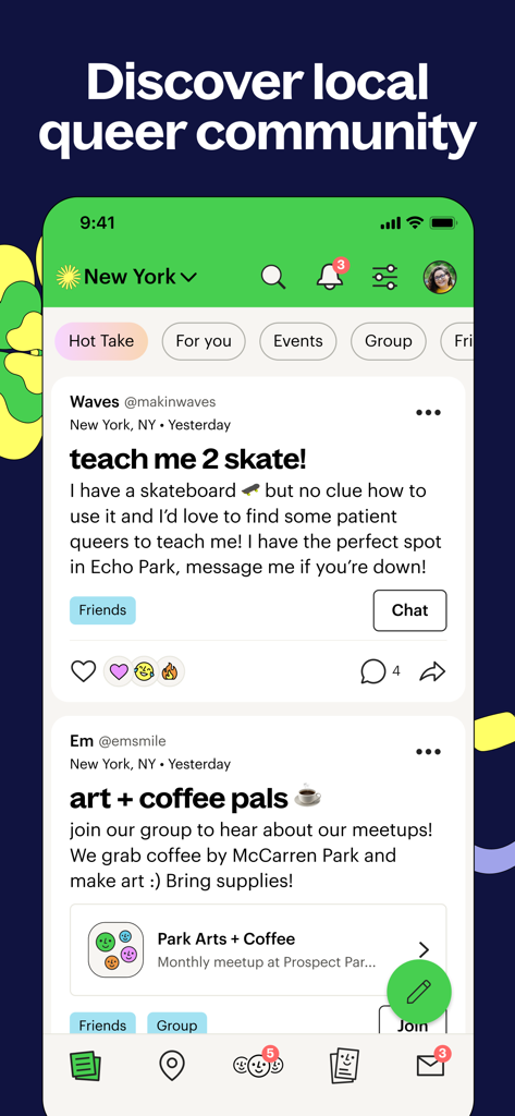 Lex: Queer Social LGBT Friends - Lex app screenshot showing a text-based social feed with community posts for local queer meetups and activities