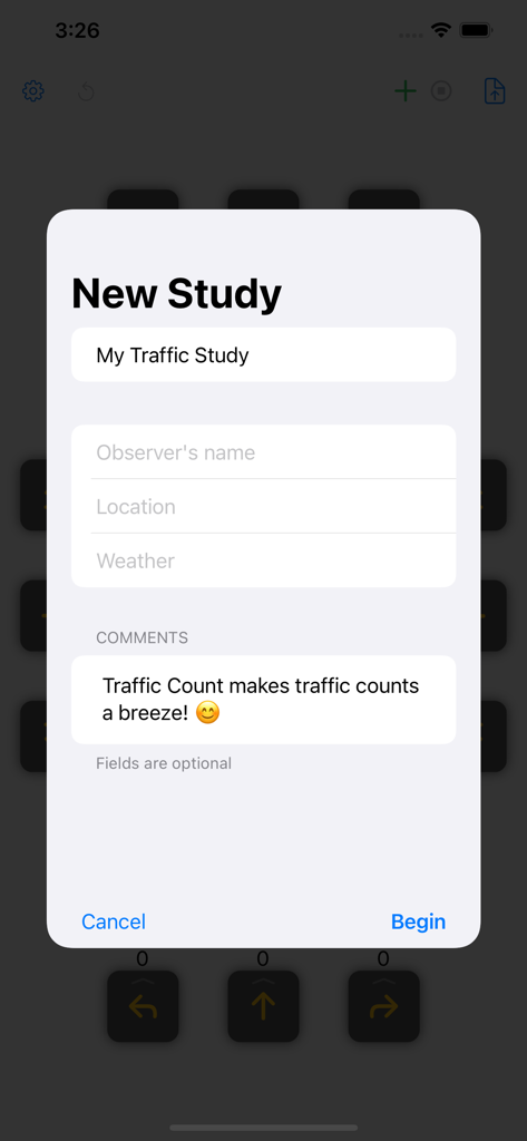 Tela de configuração de novo estudo no aplicativo Traffic Count TMC