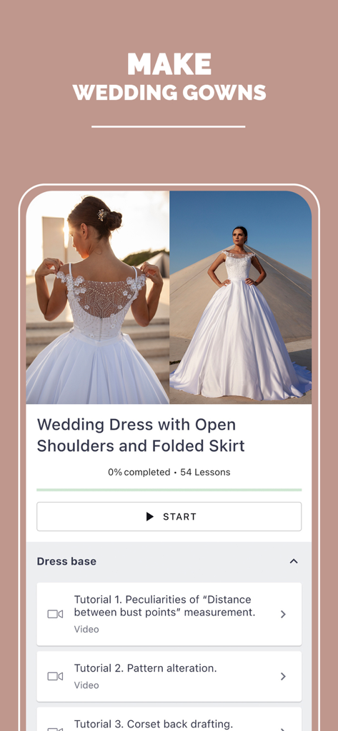 Dressmaking Academy - Interface of the Dressmaking Academy app showing a wedding dress sewing course with a list of video tutorials for making a wedding gown.