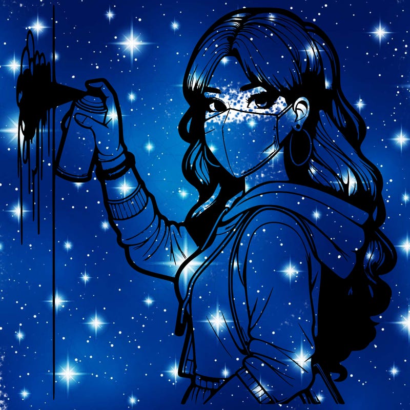 realistic girl with mask spray painting a wall