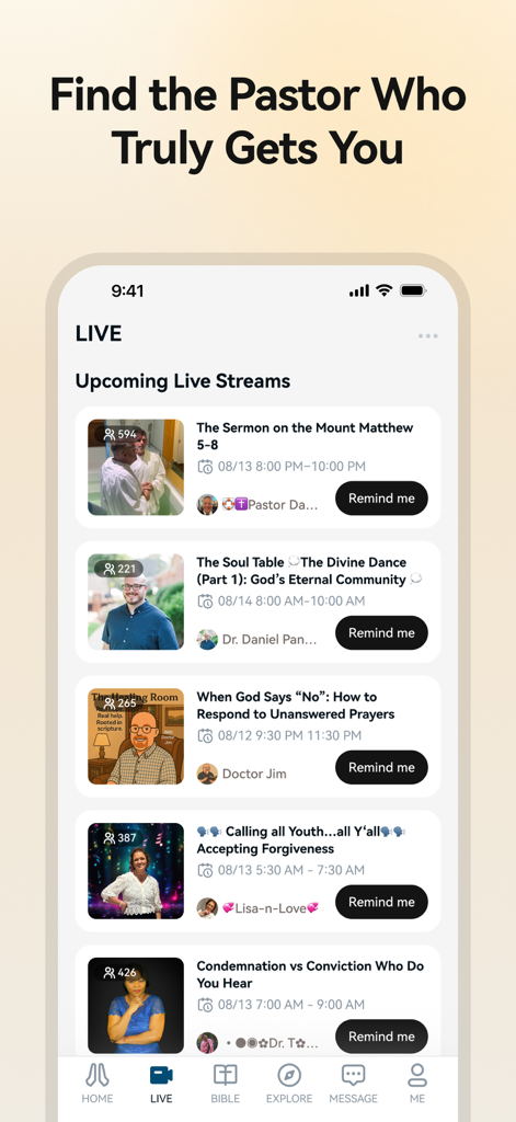 Blessed app screen displaying upcoming religious live streams and pastors