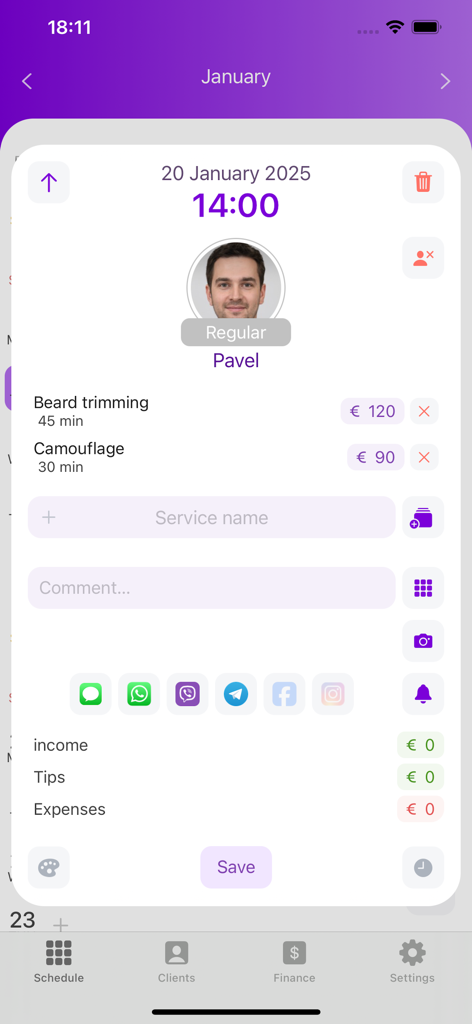 Check In Beauty - scheduler - Mobile App-Oberfläche, die einen detaillierten Kunden-Termin für Barttrimmen mit Preisgestaltung und Finanzverfolgung zeigt