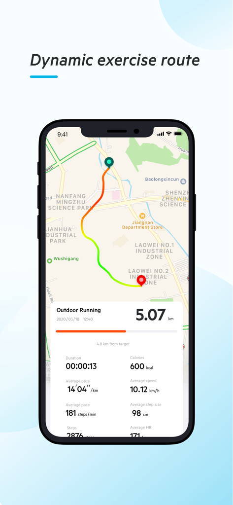 BIGGERFIVE - Smartphone screen showing the BIGGERFIVE app with an outdoor running route map and health metrics like calories and distance.