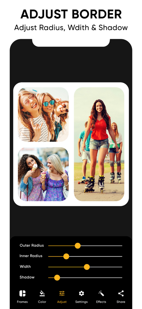 Interface de l'application montrant comment ajuster la largeur du rayon de bordure et l'ombre sur un collage photo