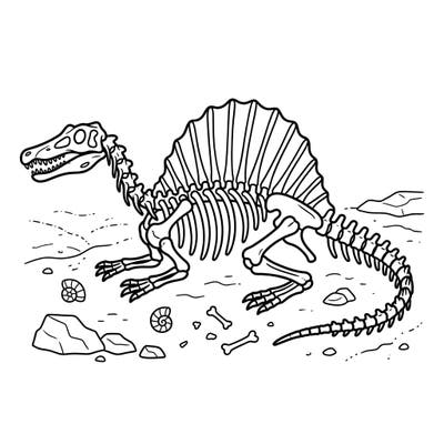 Journey back to the time of dinosaurs with this thrilling Spinosaurus skeleton coloring page, specially designed for kids aged 4-8. Little paleontologists will love bringing this magnificent fossil to life with their favorite colors.