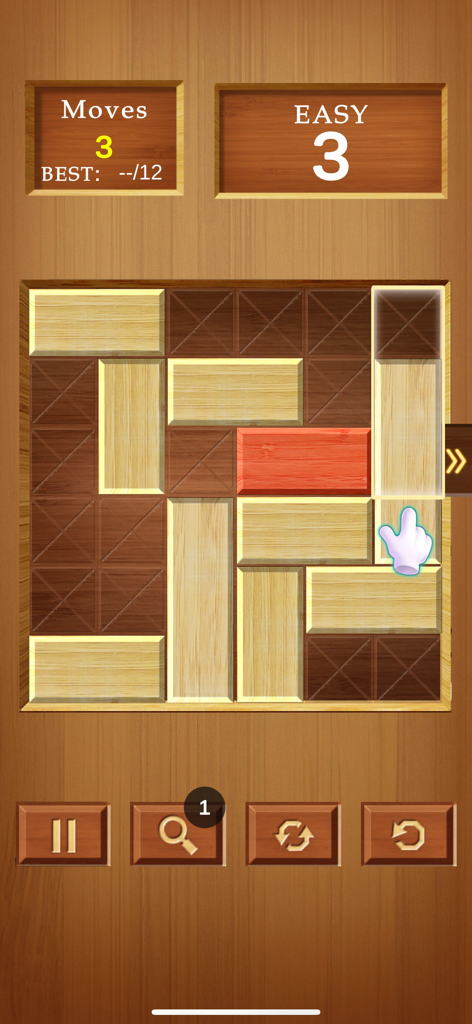 Block Escape : Unblock Sliding - Gameplay of Block Escape showing a sliding wooden block puzzle with a red target block.