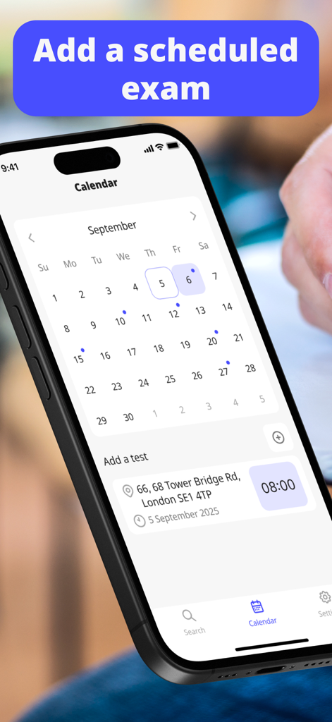 Calendar view showing a scheduled driving test in London within the app interface