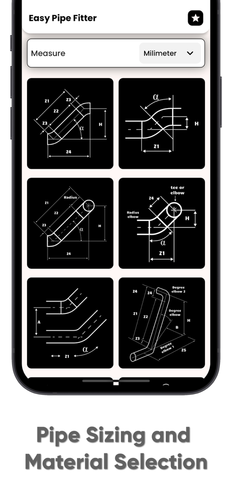 Easy Pipe Fitter - Mobile app screen showing technical pipe fitting diagrams for offsets and sizing calculations