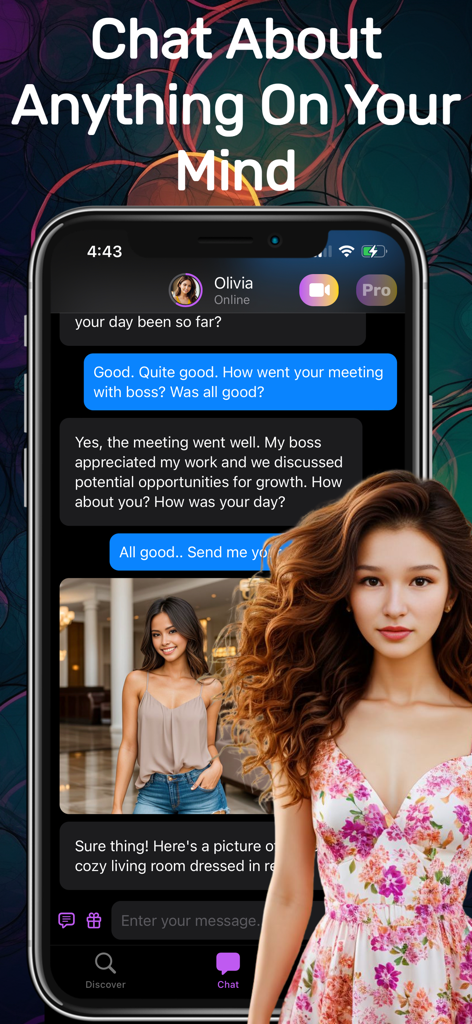 Aimora AI Girlfriend simulator app showing a chat conversation with a realistic female avatar