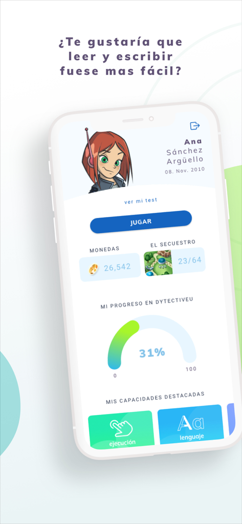 Dytective para la dislexia - Tableau de bord de l'application Dytective pour la dyslexie montrant les progrès et les fonctionnalités d'apprentissage ludiques