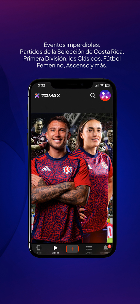Interface of the TDMAX app displaying Costa Rican soccer events and national team players