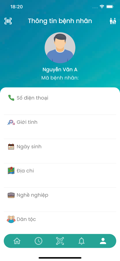 Bệnh viện Đa Khoa Ba Vì - Mobile app screen displaying patient information and personal health profile for Ba Vi General Hospital.