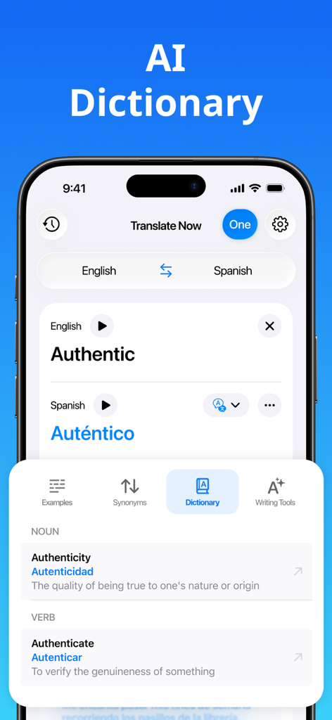 AI dictionary screen of Translate Now app showing English to Spanish translation for the word Authentic with definitions and synonyms