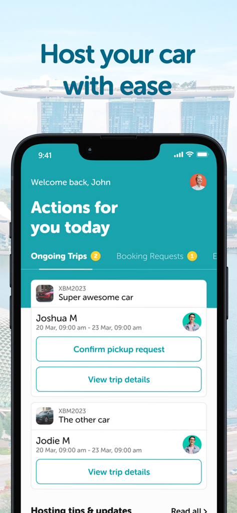 Drive lah app host interface showing dashboard for car owners to manage ongoing trips and booking requests