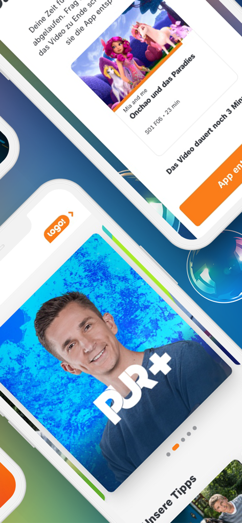 ZDFtivi-App – Kinderfernsehen - Captures d'écran de l'application ZDFtivi affichant des émissions pour enfants comme PUR plus et Mia et moi