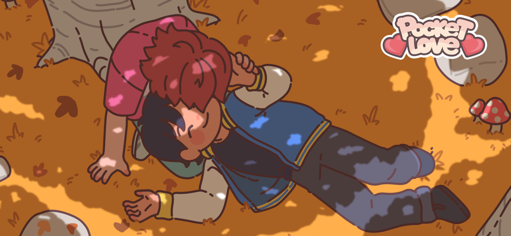 Pocket Love! - Dois personagens fofos de Pocket Love deitados juntos no chão cobertos de folhas de outono.