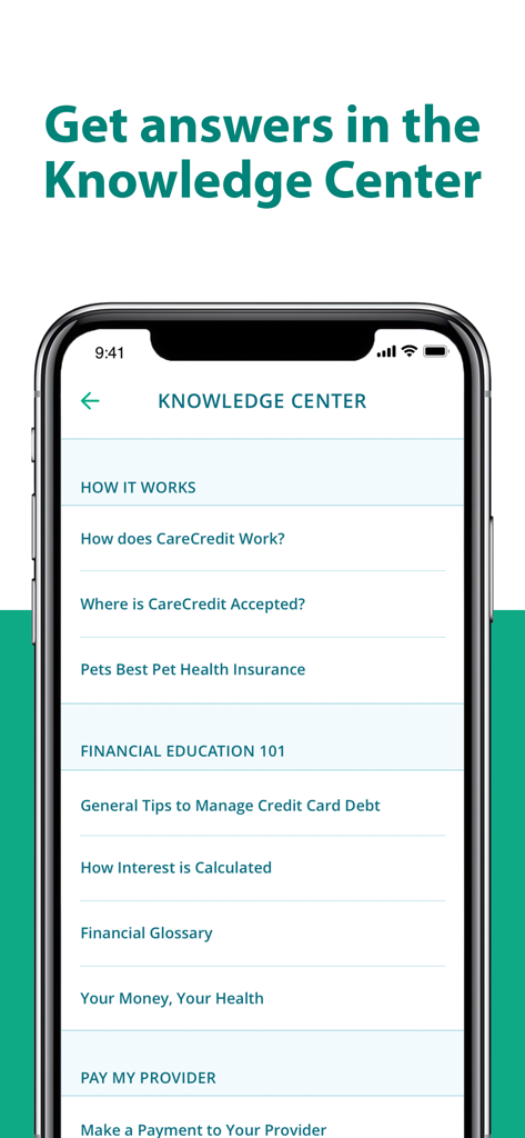 Wissenszentrum-Bildschirm der CareCredit Mobile App mit Finanzbildung und Hilfethemen