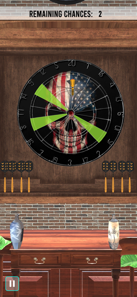 Dart Games 3D: Arrow Master - Una diana de dardos 3D con un diseño de calavera de bandera americana en un acogedor bar de pueblo.
