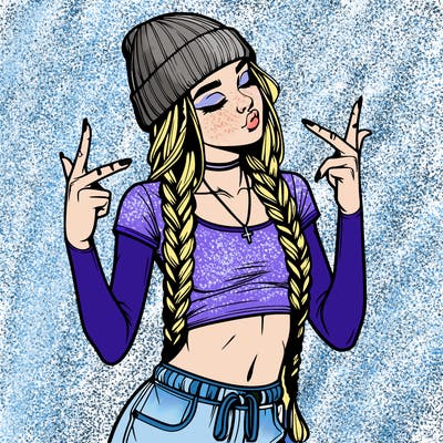 realistic teenage girl with braids and a beanie and crop top doing 🫶🏼