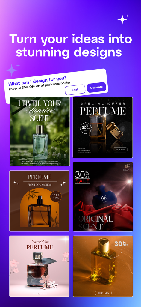 Wizad: AI Posters and Videos - La aplicación Wizad IA genera múltiples diseños profesionales de anuncios de perfumes a partir de una sola indicación de texto.