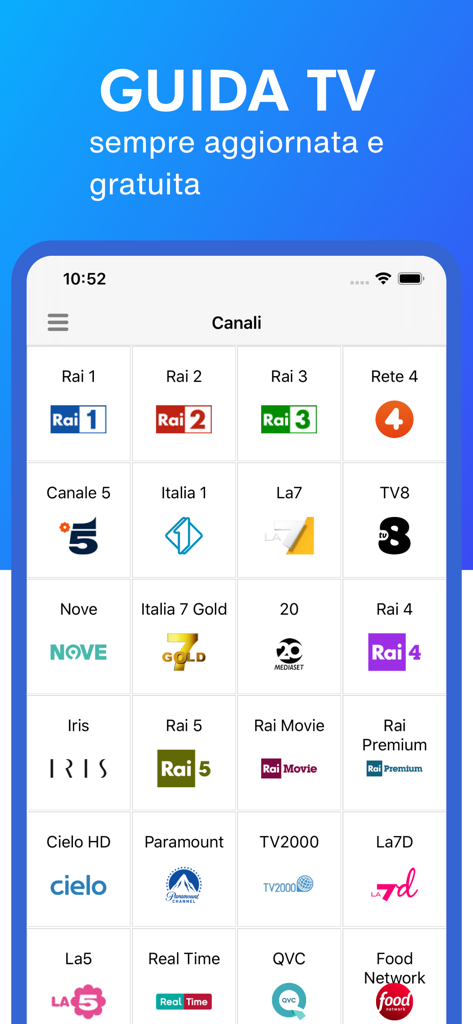 Oggi in TV mobile app displaying a grid of Italian TV channel logos like Rai and Mediaset