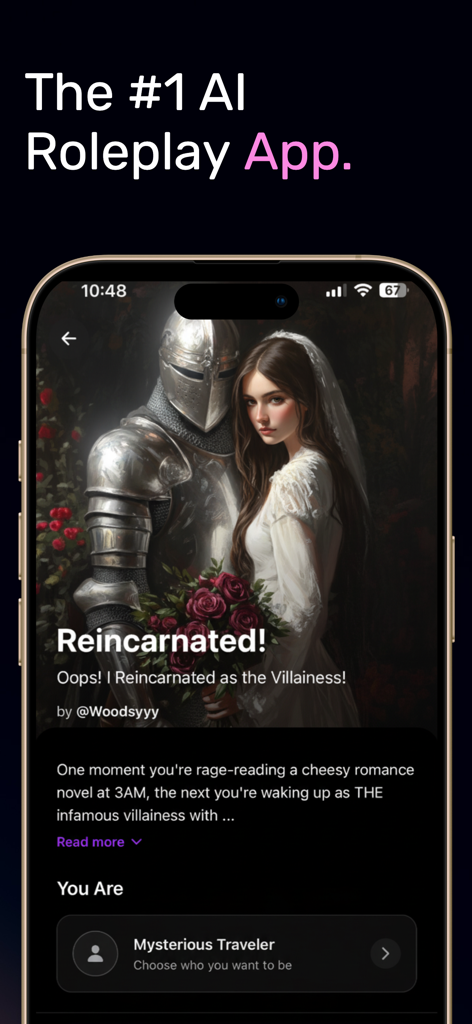 Screenshot of Hangjam AI Roleplay app showing a fantasy story titled Reincarnated as the Villainess