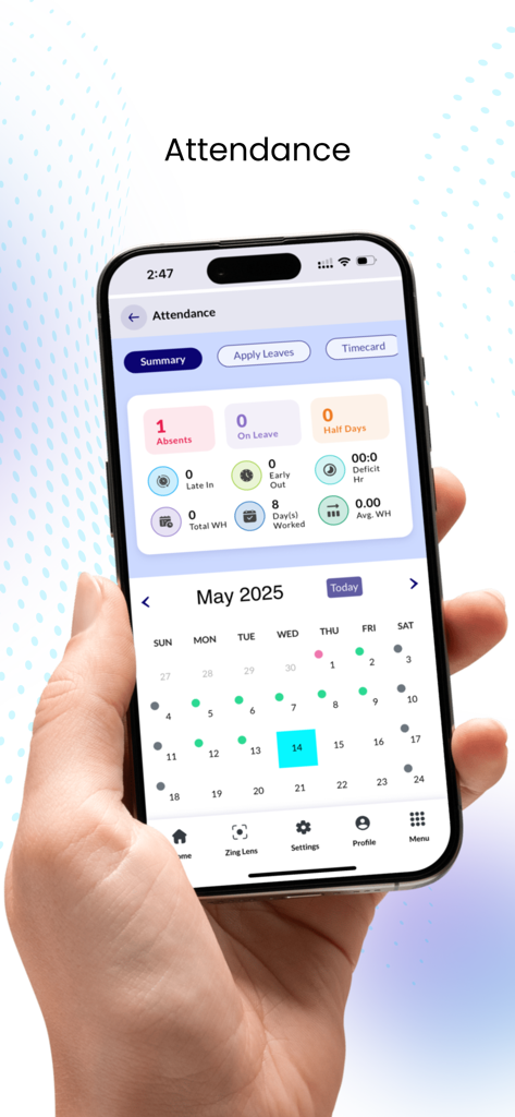 ZingHR mobile App Anwesenheitsverfolgungs-Oberfläche mit Kalender und Urlaubsübersicht