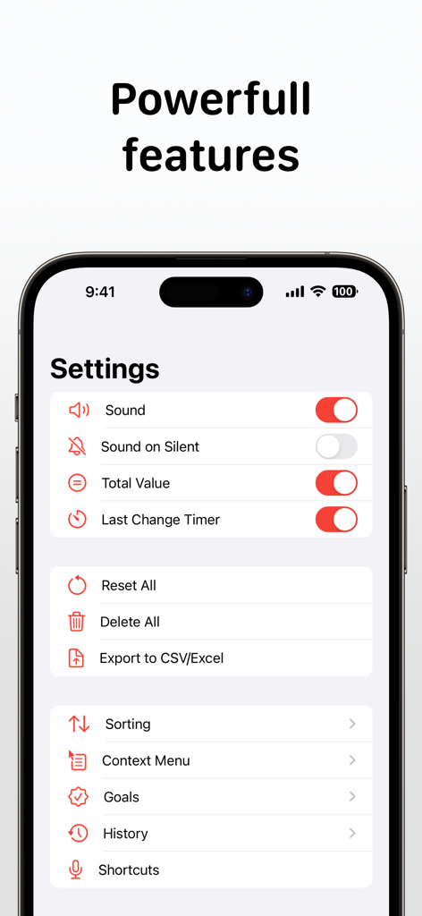 Tally counter app settings screen showing features like sound toggles, data export to CSV, goals, and history options.