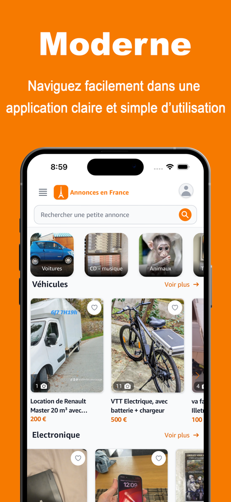 Interfaz móvil moderna de la aplicación Anuncios en Francia que muestra anuncios clasificados de vehículos y electrónica.