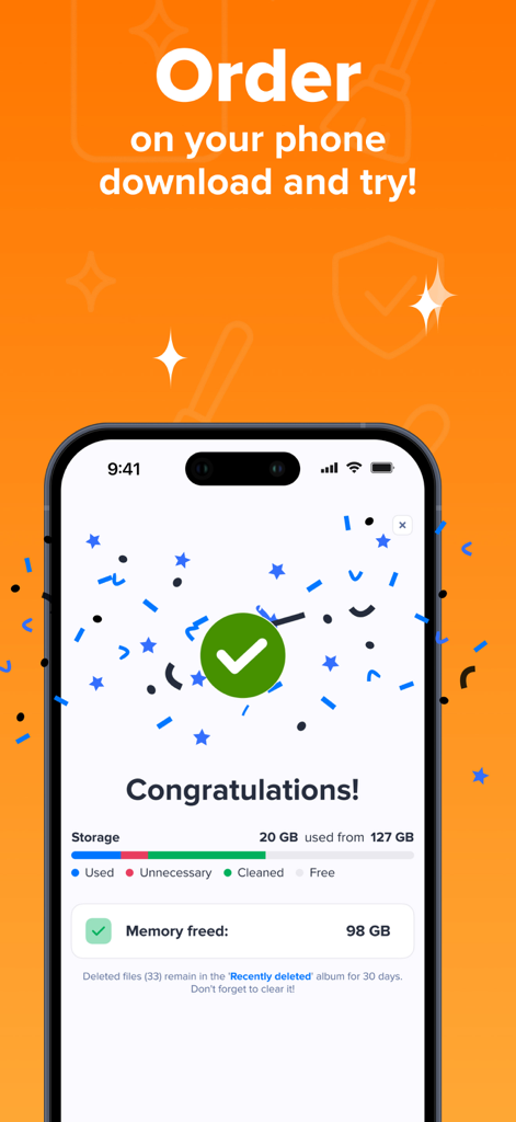 Pantalla de éxito de la aplicación optimizador de almacenamiento IA que muestra noventa y ocho gigabytes de memoria liberada en un iPhone
