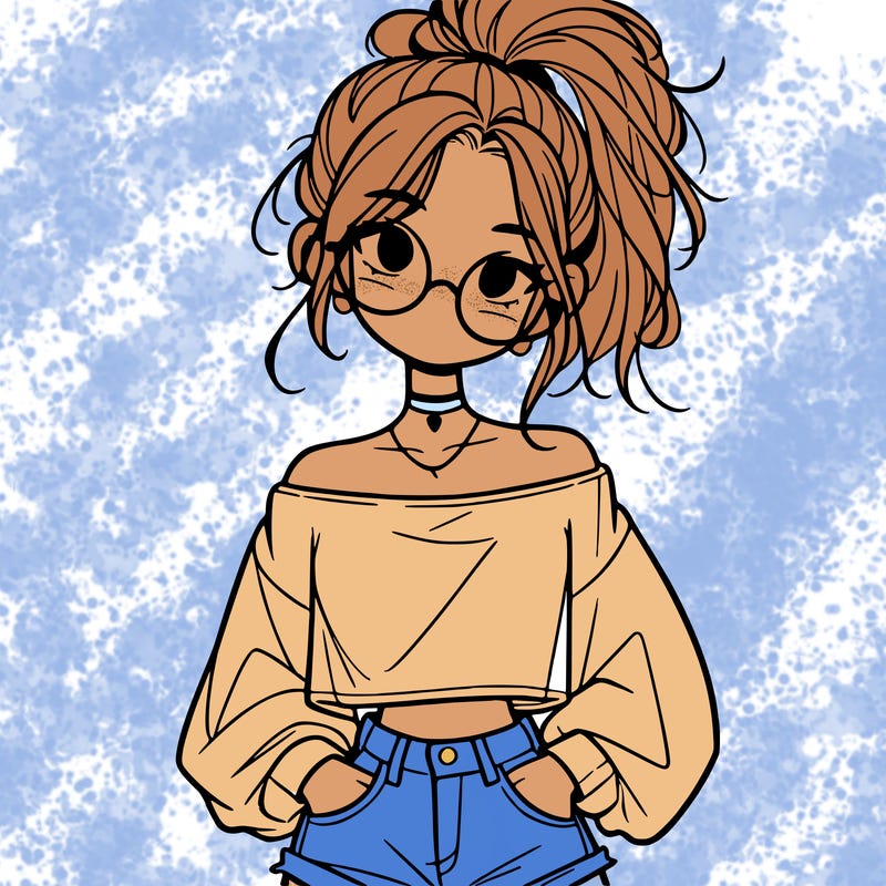 girl with a messy ponytail glasses a baggy crop top and jean shorts